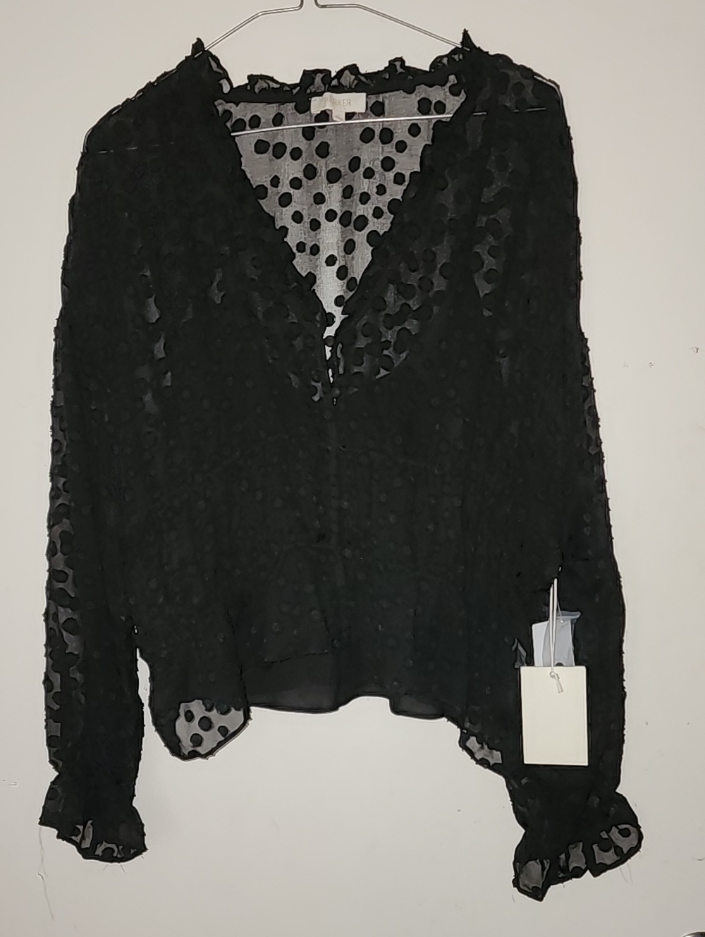 Parker NWT Nani Top Black Sheer Polka Dot Ruffle V neck Blouse Evening Size Larg